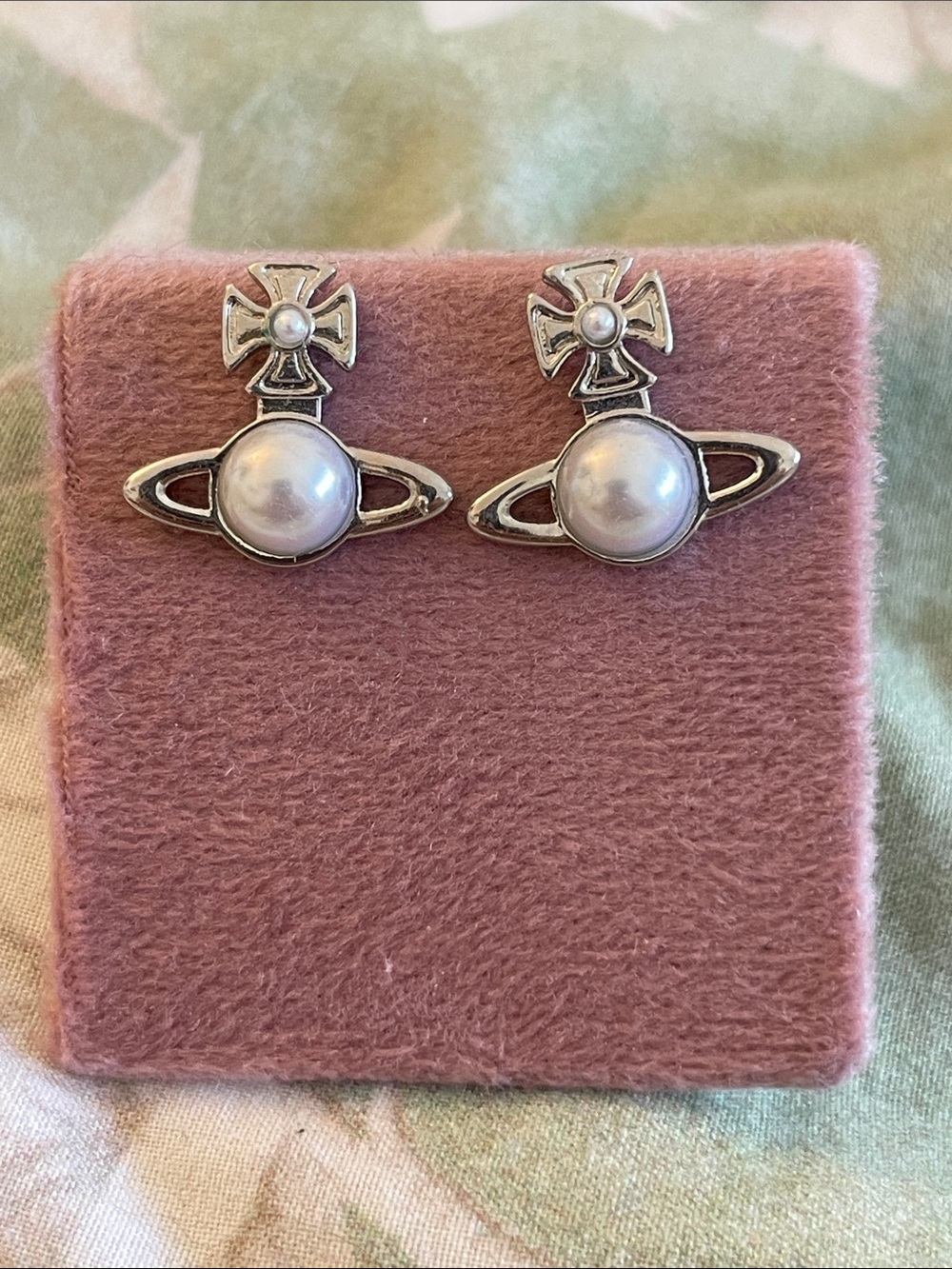 Vivienne Westwood Silver Orb and Pearl Cross Stud Earrings